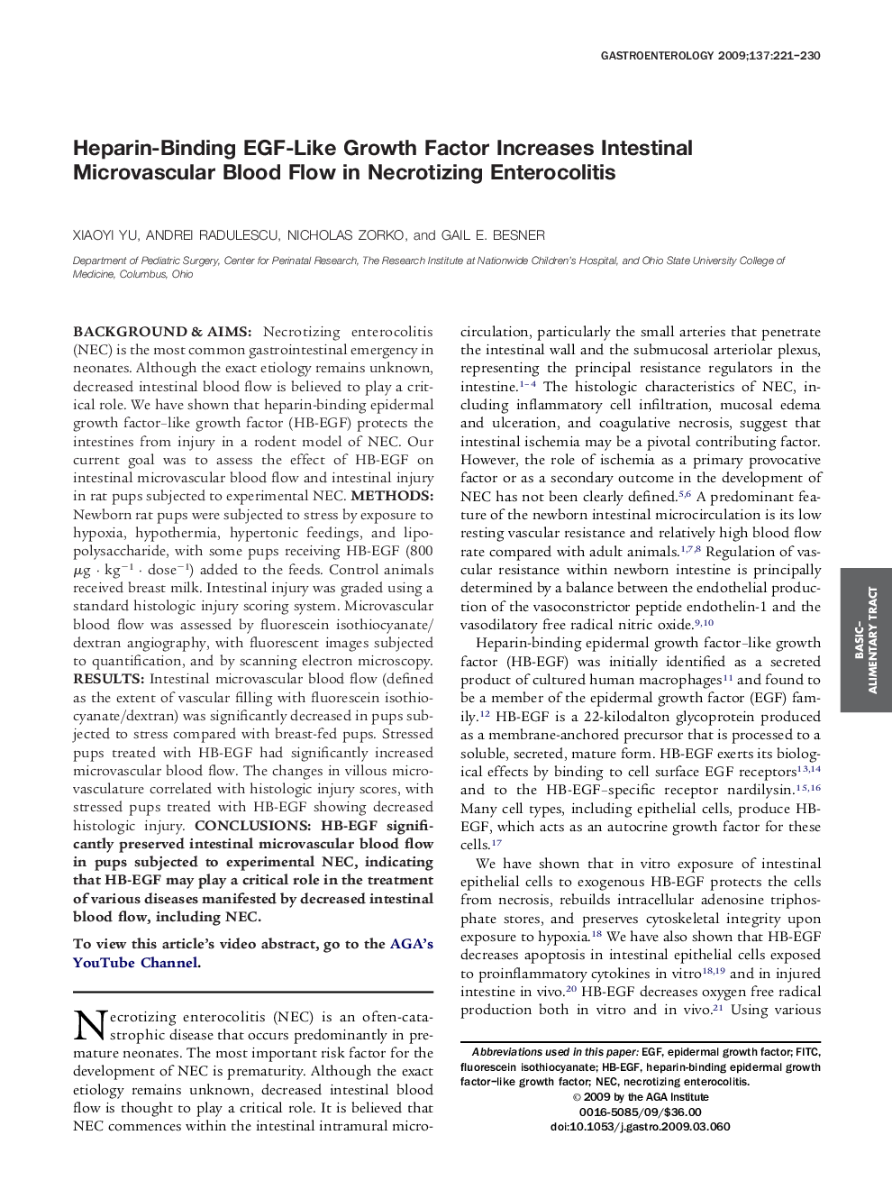 Heparin-Binding EGF-Like Growth Factor Increases Intestinal Microvascular Blood Flow in Necrotizing Enterocolitis 