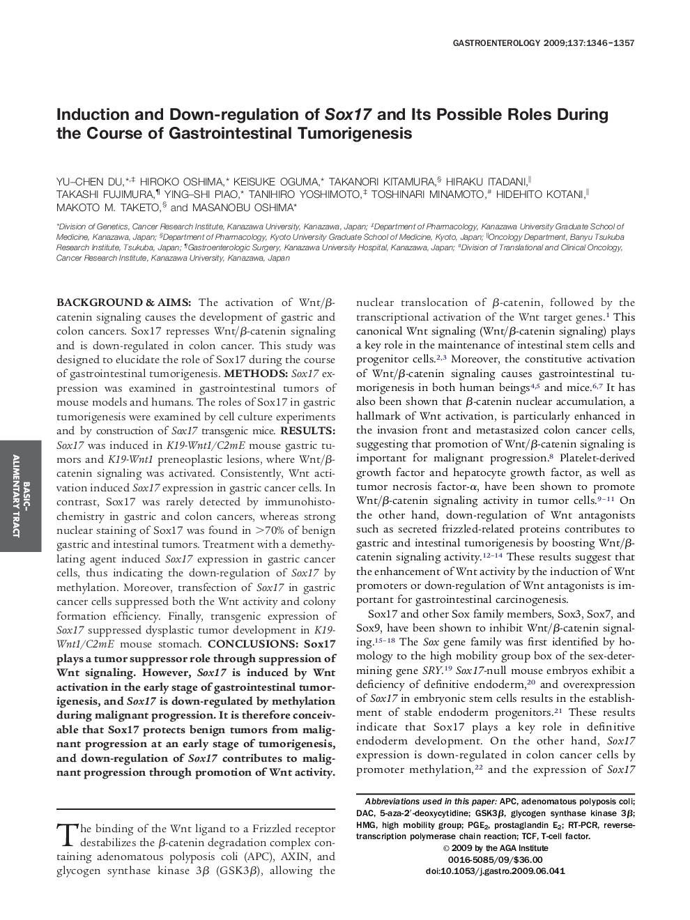 Induction and Down-regulation of Sox17 and Its Possible Roles During the Course of Gastrointestinal Tumorigenesis 