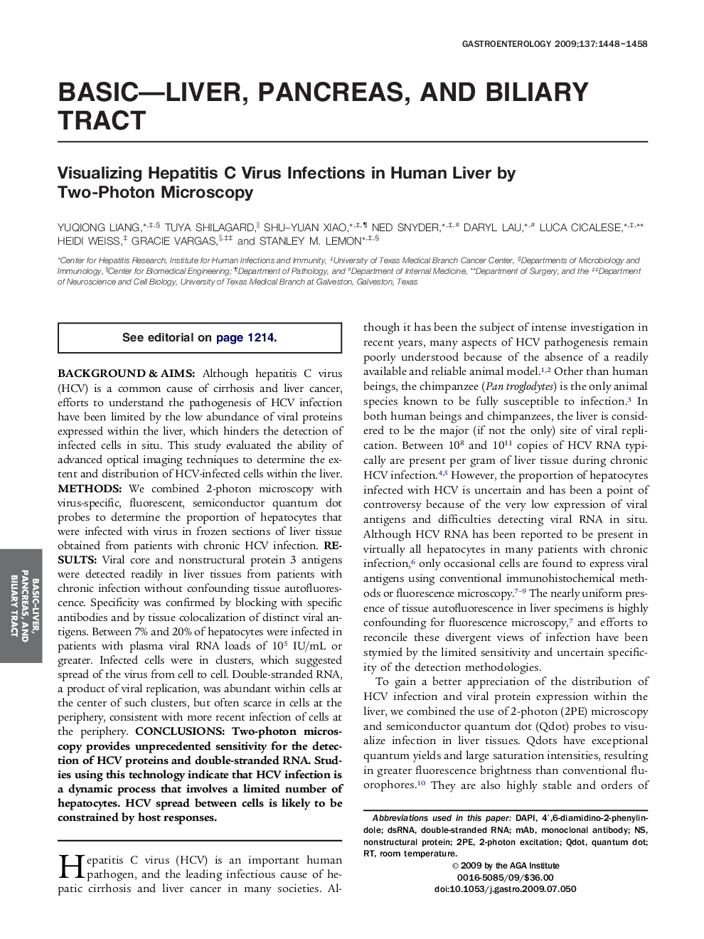 Visualizing Hepatitis C Virus Infections in Human Liver by Two-Photon Microscopy 