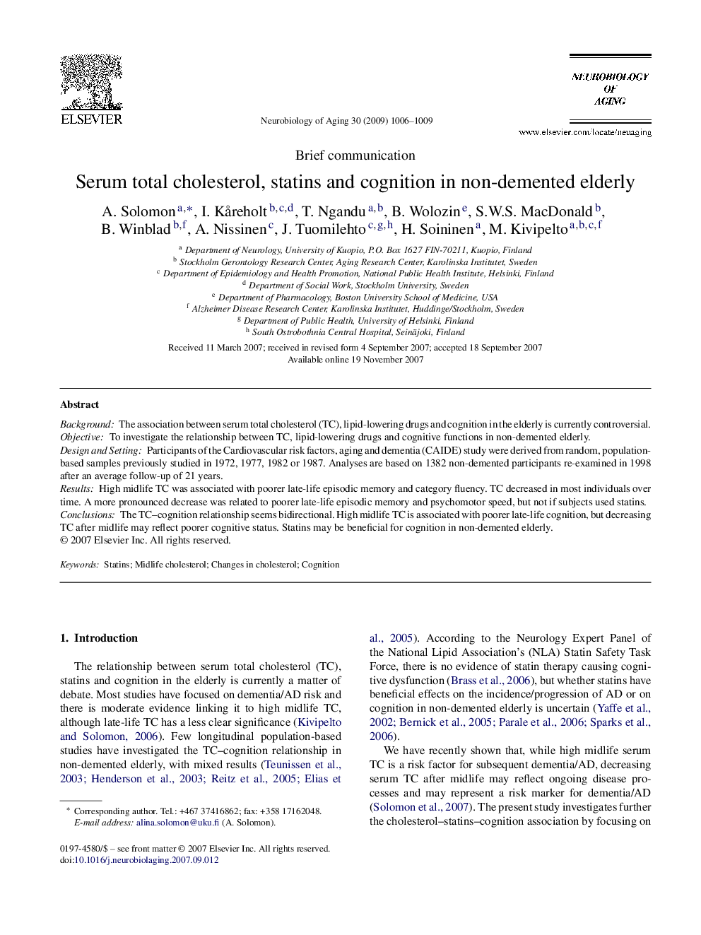 Serum total cholesterol, statins and cognition in non-demented elderly