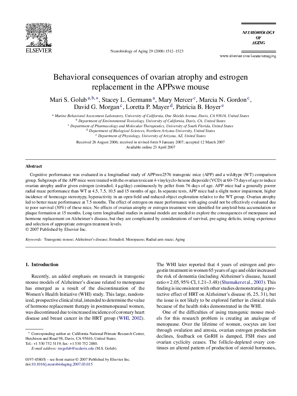 Behavioral consequences of ovarian atrophy and estrogen replacement in the APPswe mouse