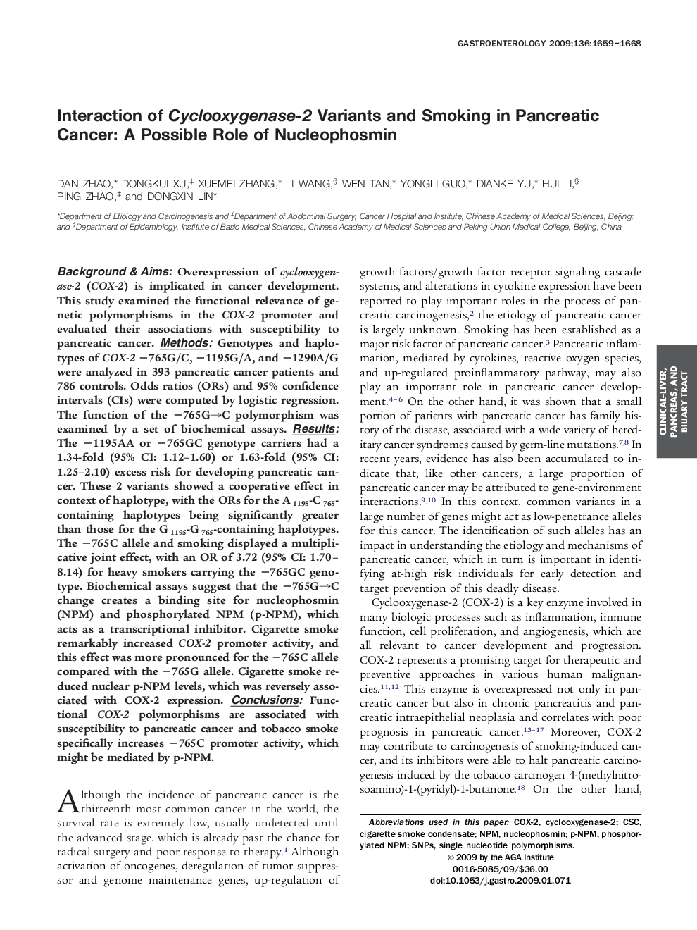 Interaction of Cyclooxygenase-2 Variants and Smoking in Pancreatic Cancer: A Possible Role of Nucleophosmin 