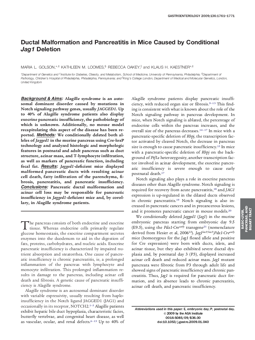 Ductal Malformation and Pancreatitis in Mice Caused by Conditional Jag1 Deletion