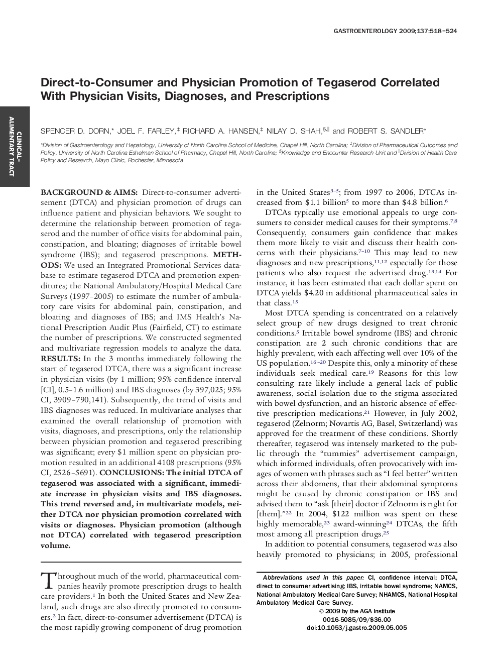 Direct-to-Consumer and Physician Promotion of Tegaserod Correlated With Physician Visits, Diagnoses, and Prescriptions