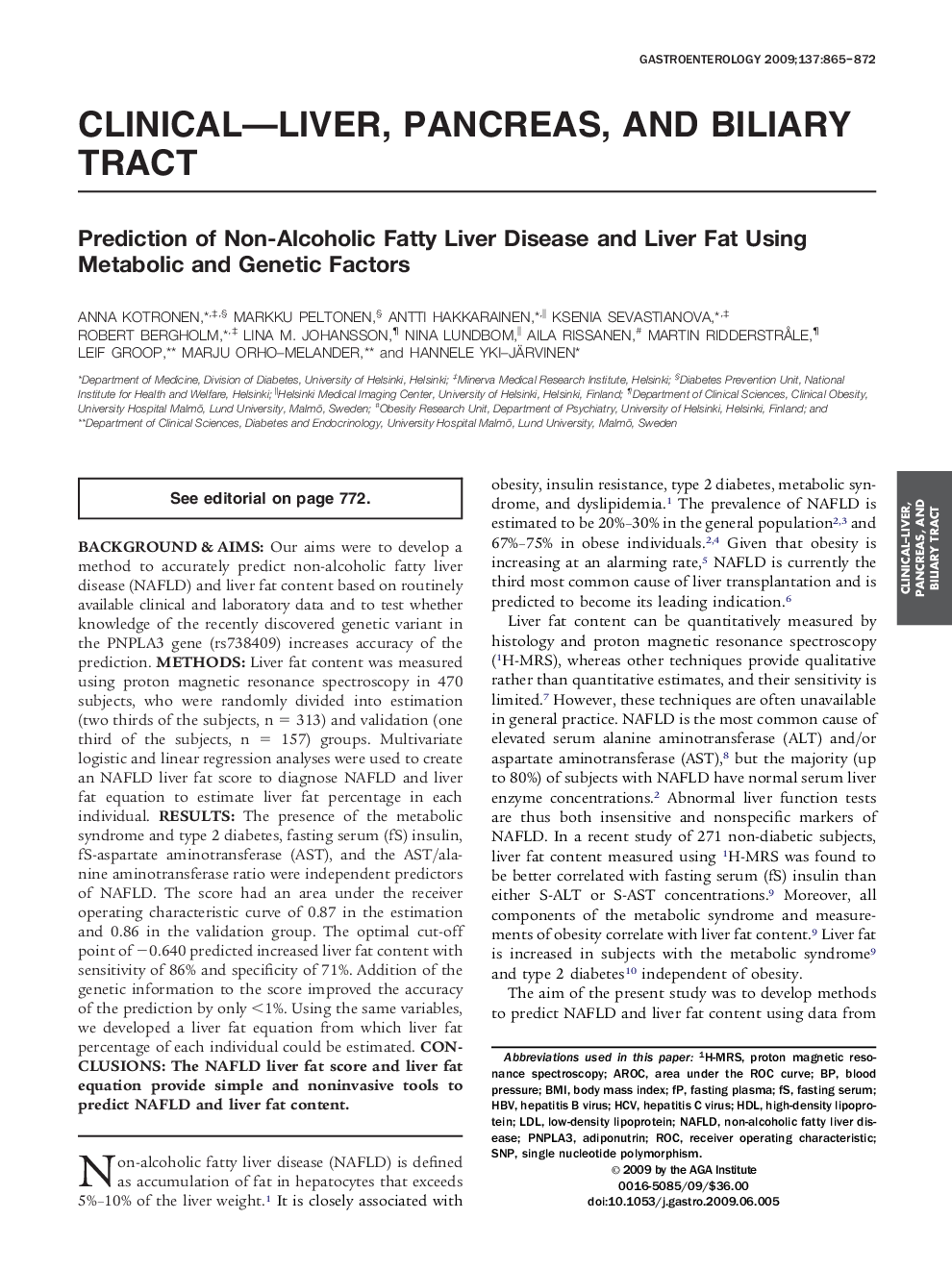 Prediction of Non-Alcoholic Fatty Liver Disease and Liver Fat Using Metabolic and Genetic Factors 