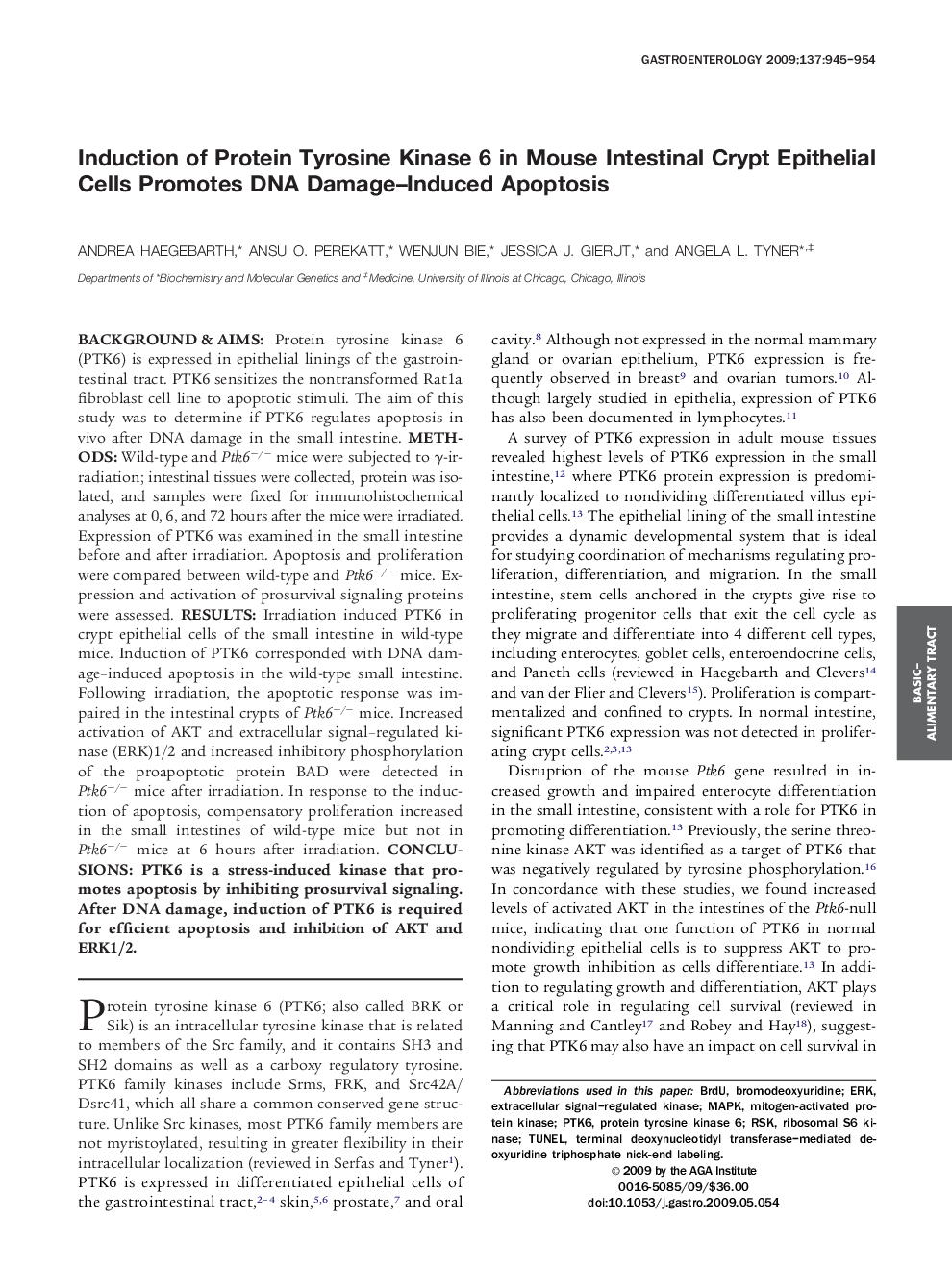 Induction of Protein Tyrosine Kinase 6 in Mouse Intestinal Crypt Epithelial Cells Promotes DNA Damage–Induced Apoptosis 