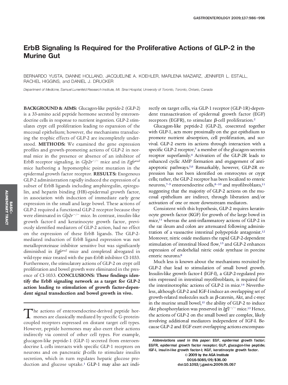 ErbB Signaling Is Required for the Proliferative Actions of GLP-2 in the Murine Gut