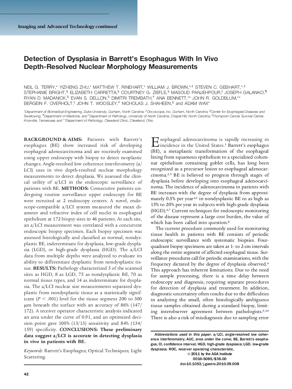 Detection of Dysplasia in Barrett's Esophagus With In Vivo Depth-Resolved Nuclear Morphology Measurements 