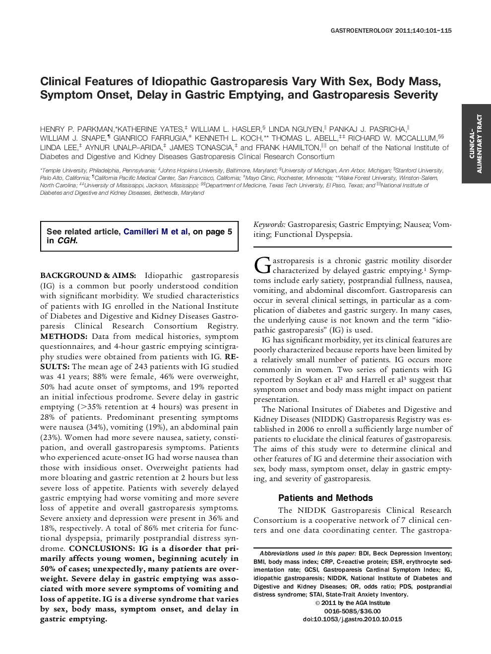 Clinical Features of Idiopathic Gastroparesis Vary With Sex, Body Mass, Symptom Onset, Delay in Gastric Emptying, and Gastroparesis Severity