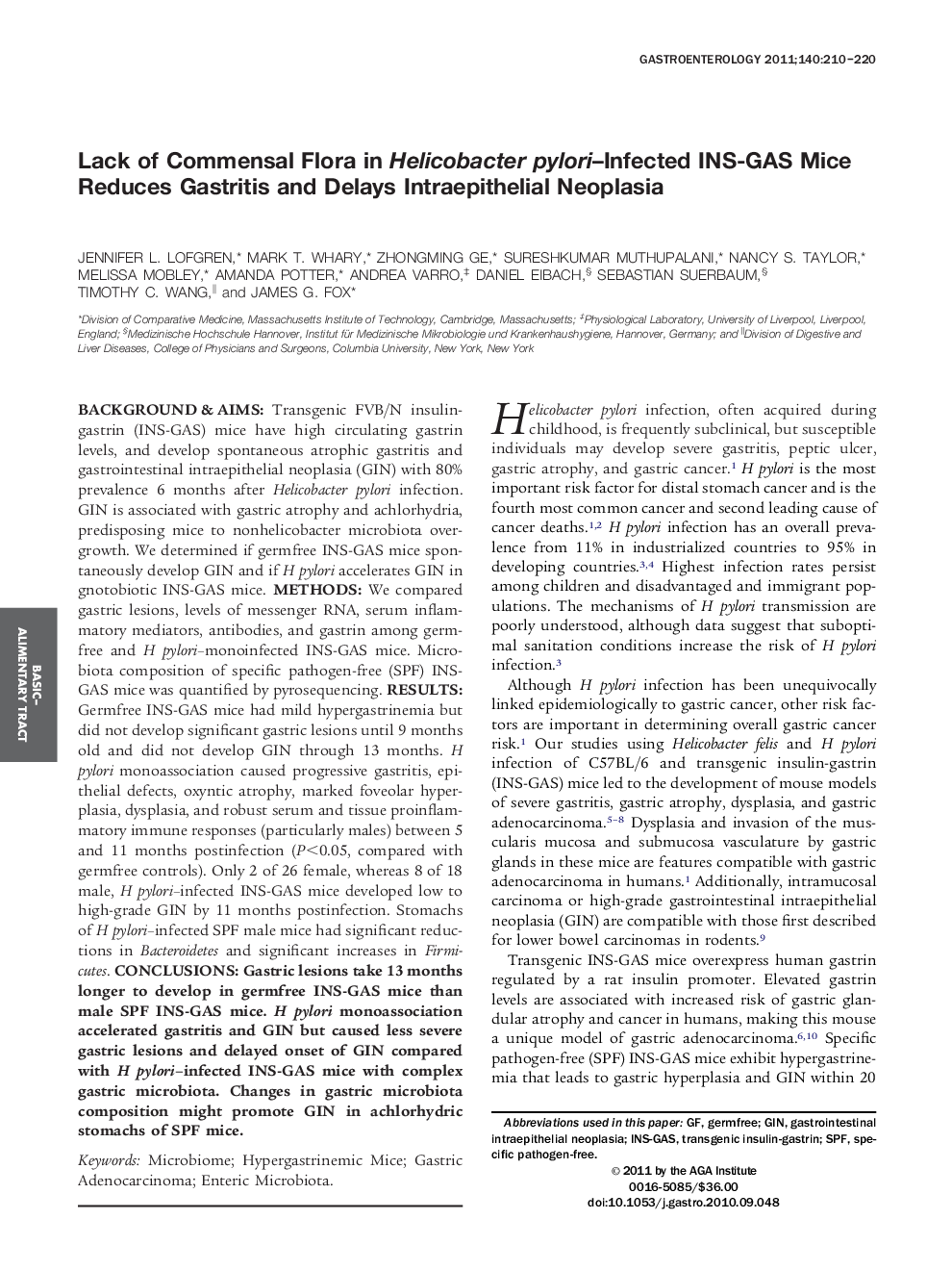 Lack of Commensal Flora in Helicobacter pylori-Infected INS-GAS Mice Reduces Gastritis and Delays Intraepithelial Neoplasia