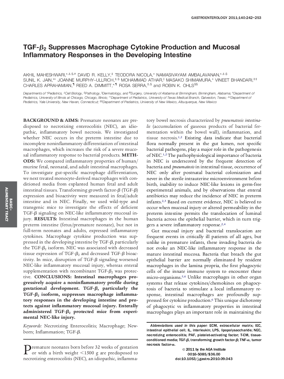 TGF-β2 Suppresses Macrophage Cytokine Production and Mucosal Inflammatory Responses in the Developing Intestine 