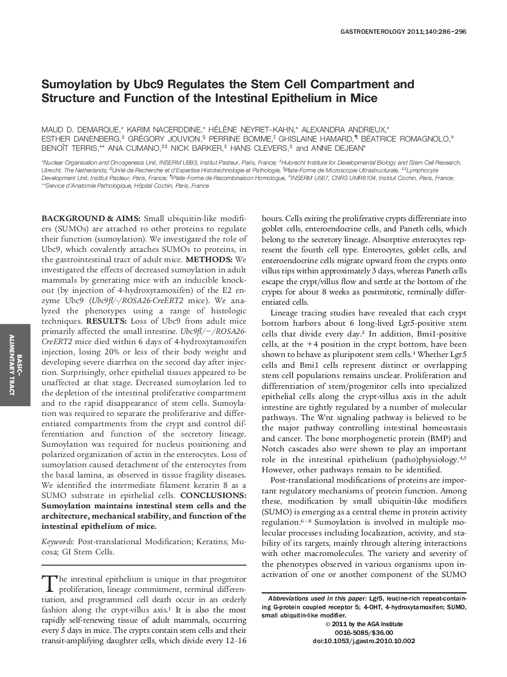 Sumoylation by Ubc9 Regulates the Stem Cell Compartment and Structure and Function of the Intestinal Epithelium in Mice 