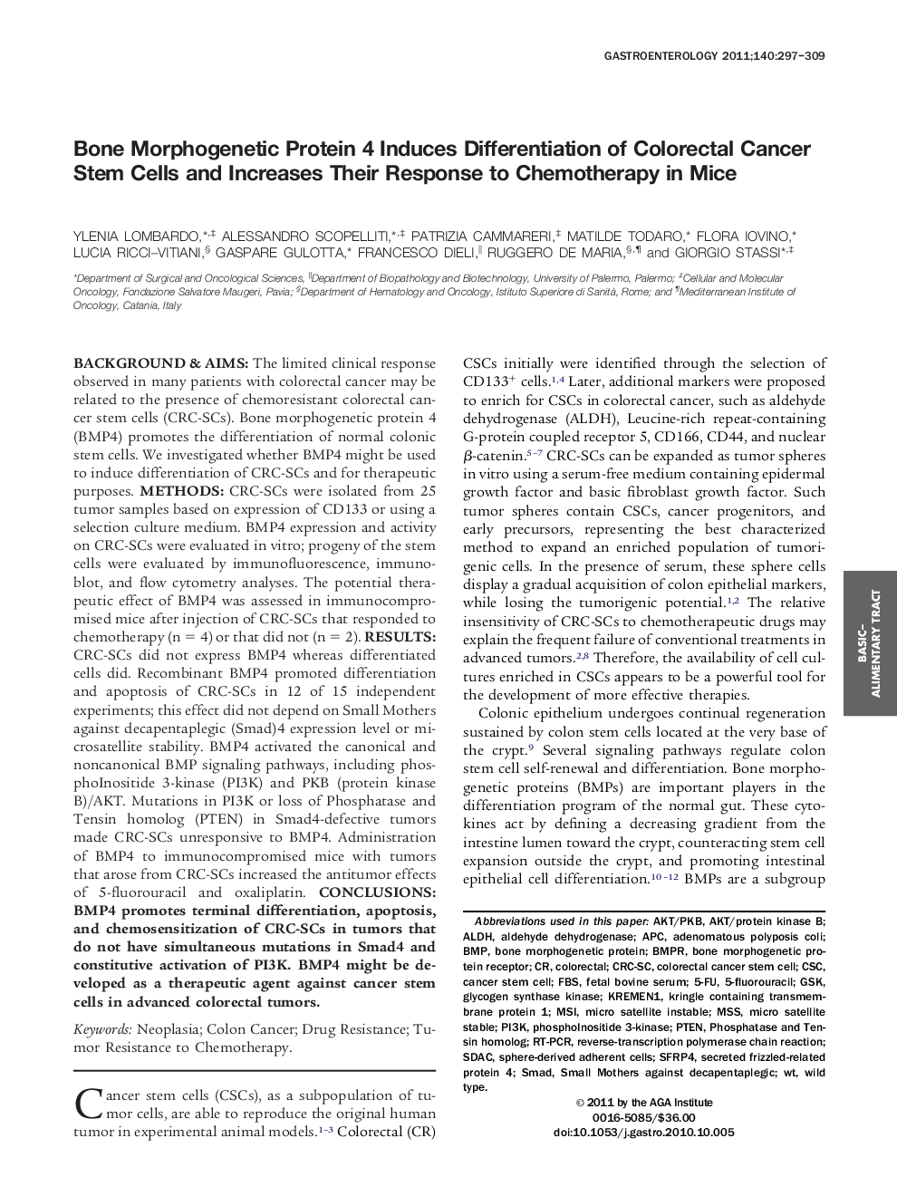 Bone Morphogenetic Protein 4 Induces Differentiation of Colorectal Cancer Stem Cells and Increases Their Response to Chemotherapy in Mice