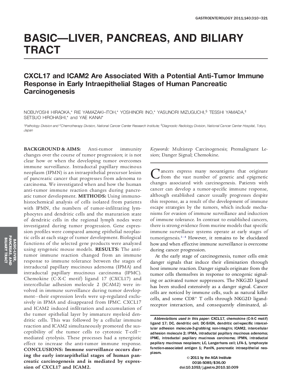 CXCL17 and ICAM2 Are Associated With a Potential Anti-Tumor Immune Response in Early Intraepithelial Stages of Human Pancreatic Carcinogenesis