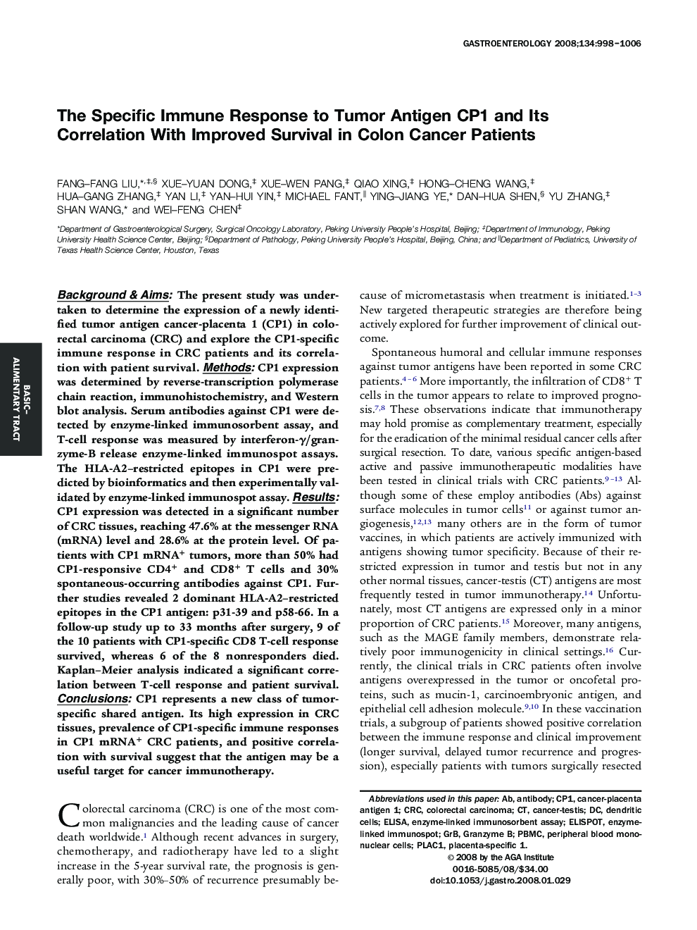 The Specific Immune Response to Tumor Antigen CP1 and Its Correlation With Improved Survival in Colon Cancer Patients 