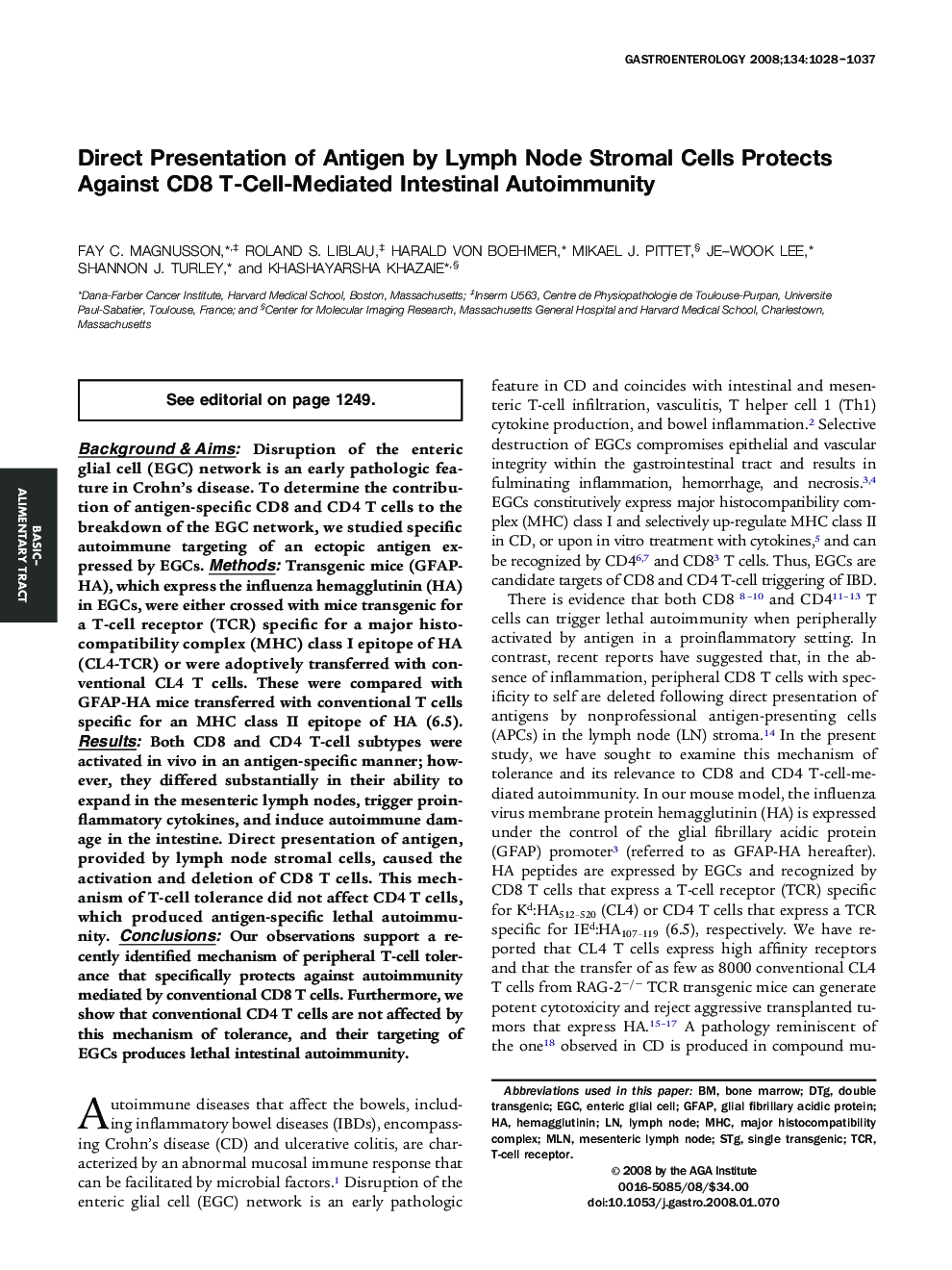 Direct Presentation of Antigen by Lymph Node Stromal Cells Protects Against CD8 T-Cell-Mediated Intestinal Autoimmunity 