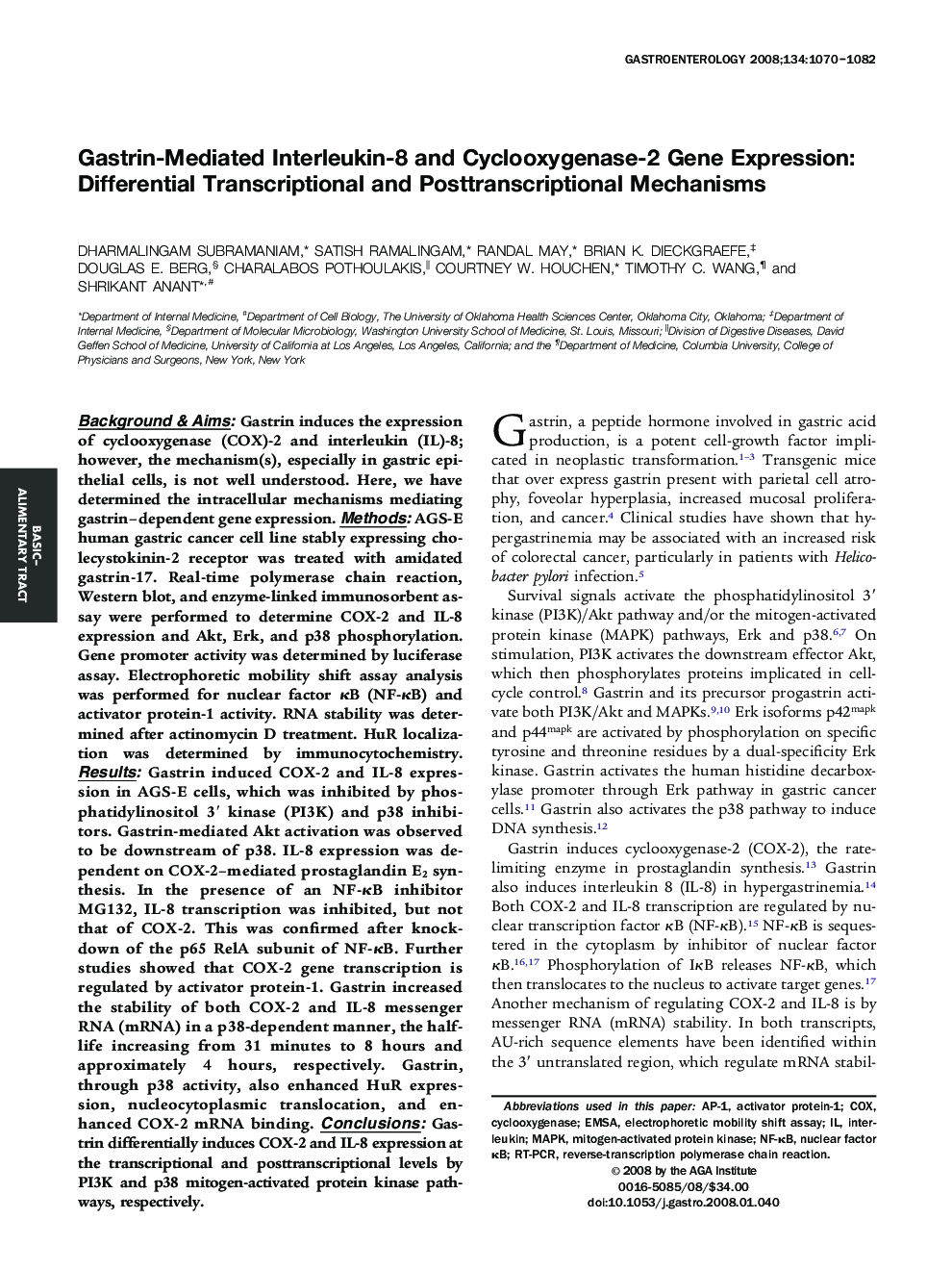 Gastrin-Mediated Interleukin-8 and Cyclooxygenase-2 Gene Expression: Differential Transcriptional and Posttranscriptional Mechanisms 