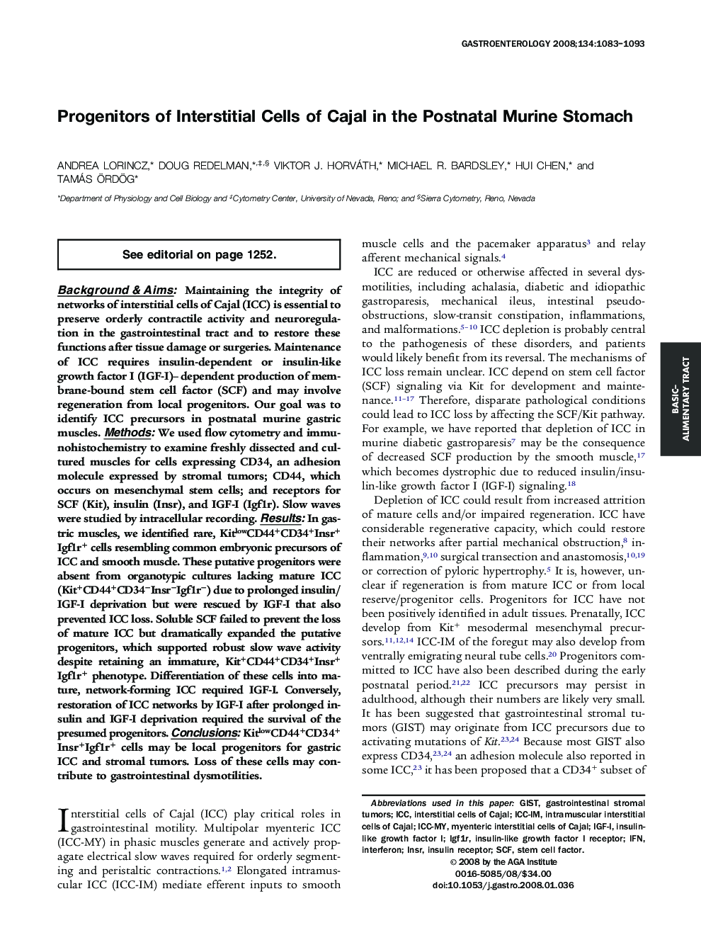 Progenitors of Interstitial Cells of Cajal in the Postnatal Murine Stomach 