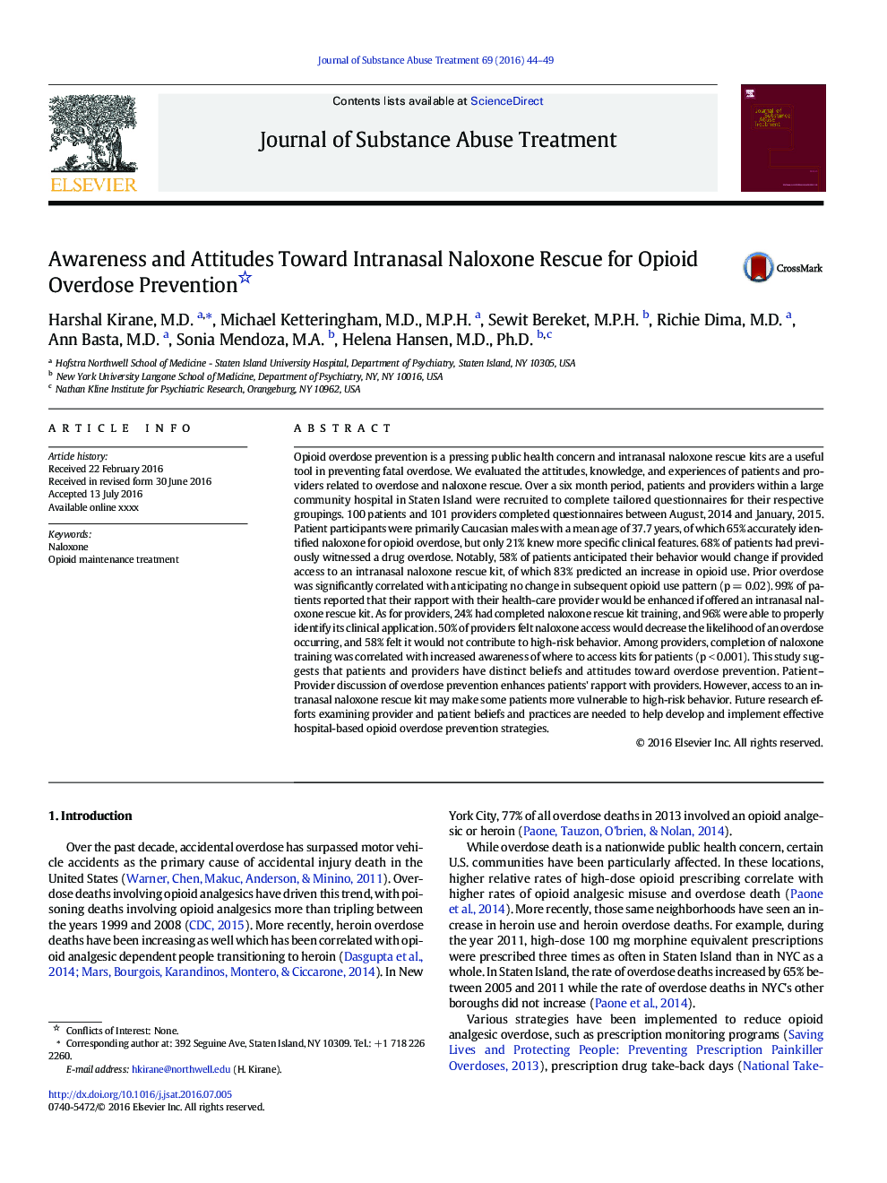 Awareness and Attitudes Toward Intranasal Naloxone Rescue for Opioid Overdose Prevention 