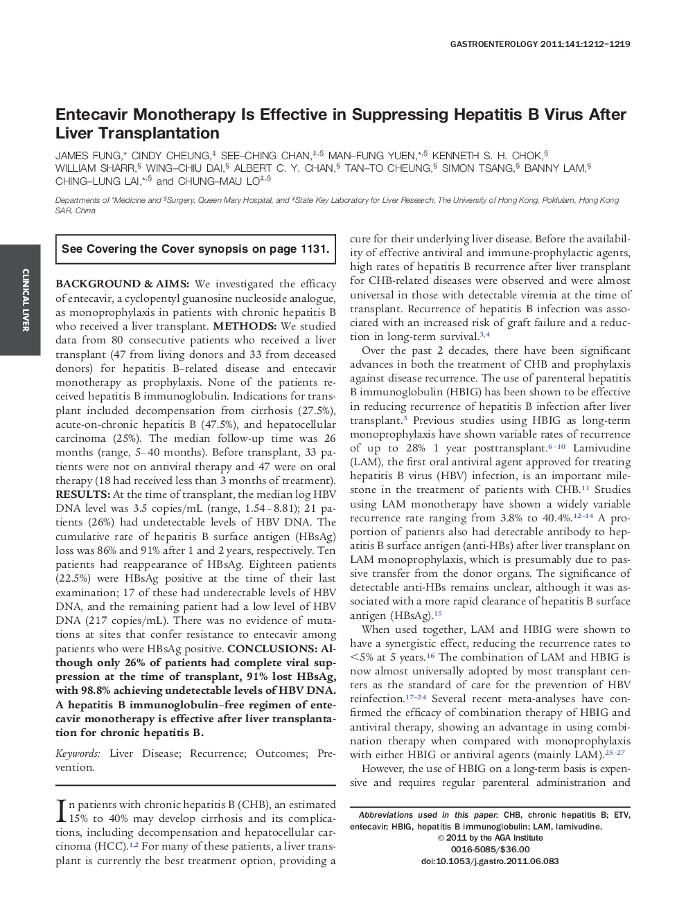 Entecavir Monotherapy Is Effective in Suppressing Hepatitis B Virus After Liver Transplantation 