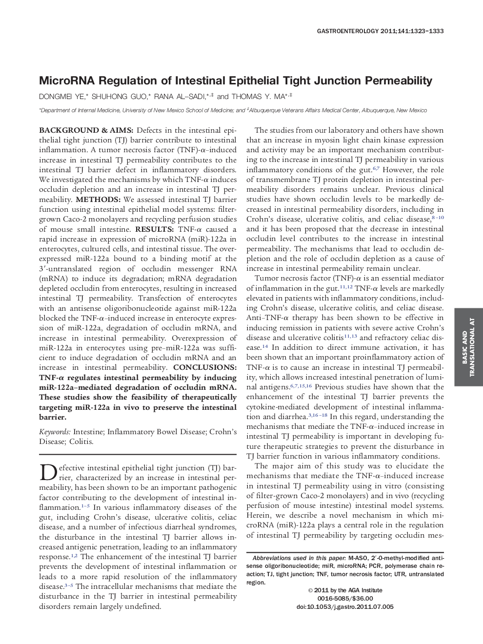 MicroRNA Regulation of Intestinal Epithelial Tight Junction Permeability