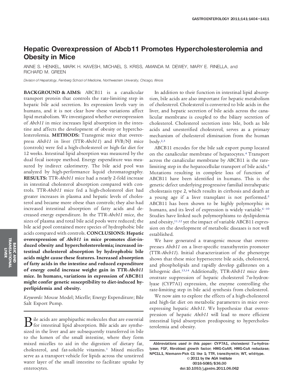 Hepatic Overexpression of Abcb11 Promotes Hypercholesterolemia and Obesity in Mice