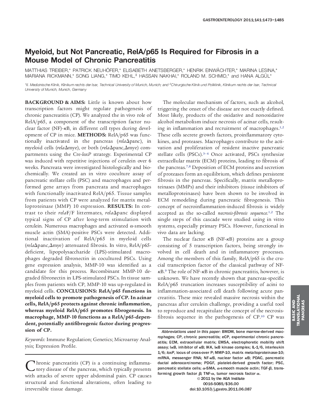 Myeloid, but Not Pancreatic, RelA/p65 Is Required for Fibrosis in a Mouse Model of Chronic Pancreatitis