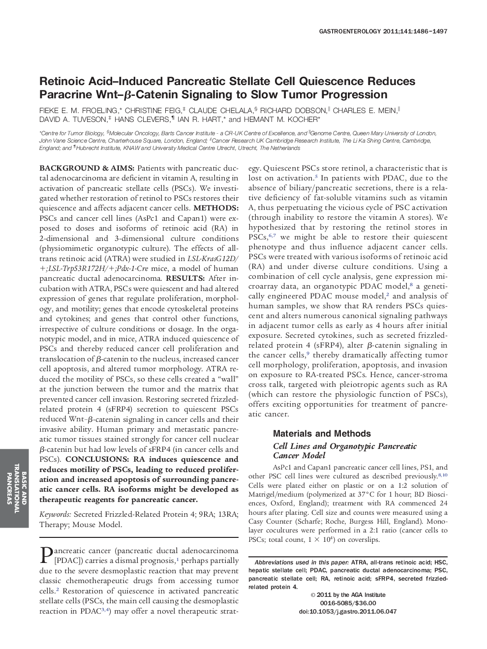 Retinoic Acid-Induced Pancreatic Stellate Cell Quiescence Reduces Paracrine Wnt-Î²-Catenin Signaling to Slow Tumor Progression