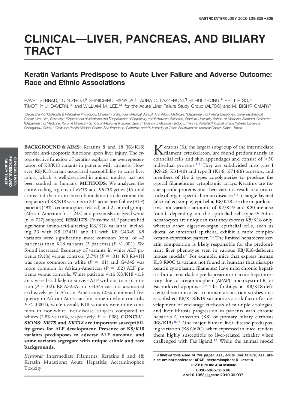 Keratin Variants Predispose to Acute Liver Failure and Adverse Outcome: Race and Ethnic Associations