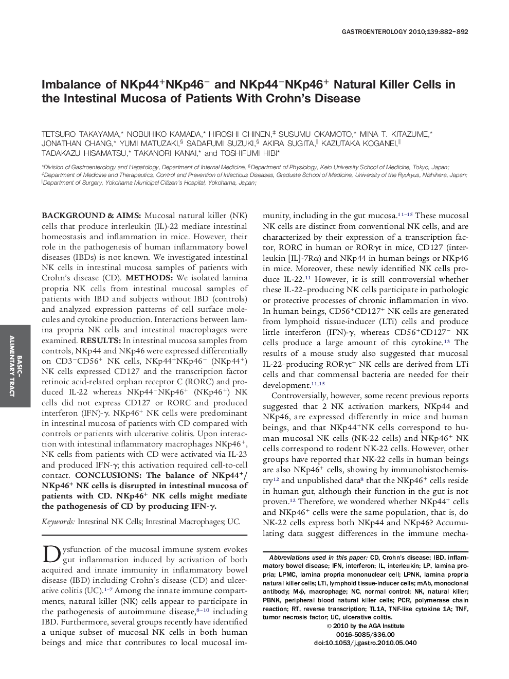 Imbalance of NKp44+NKp46â and NKp44âNKp46+ Natural Killer Cells in the Intestinal Mucosa of Patients With Crohn's Disease