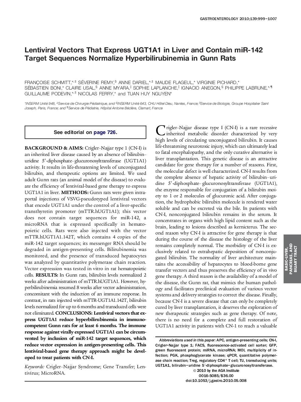 Lentiviral Vectors That Express UGT1A1 in Liver and Contain miR-142 Target Sequences Normalize Hyperbilirubinemia in Gunn Rats