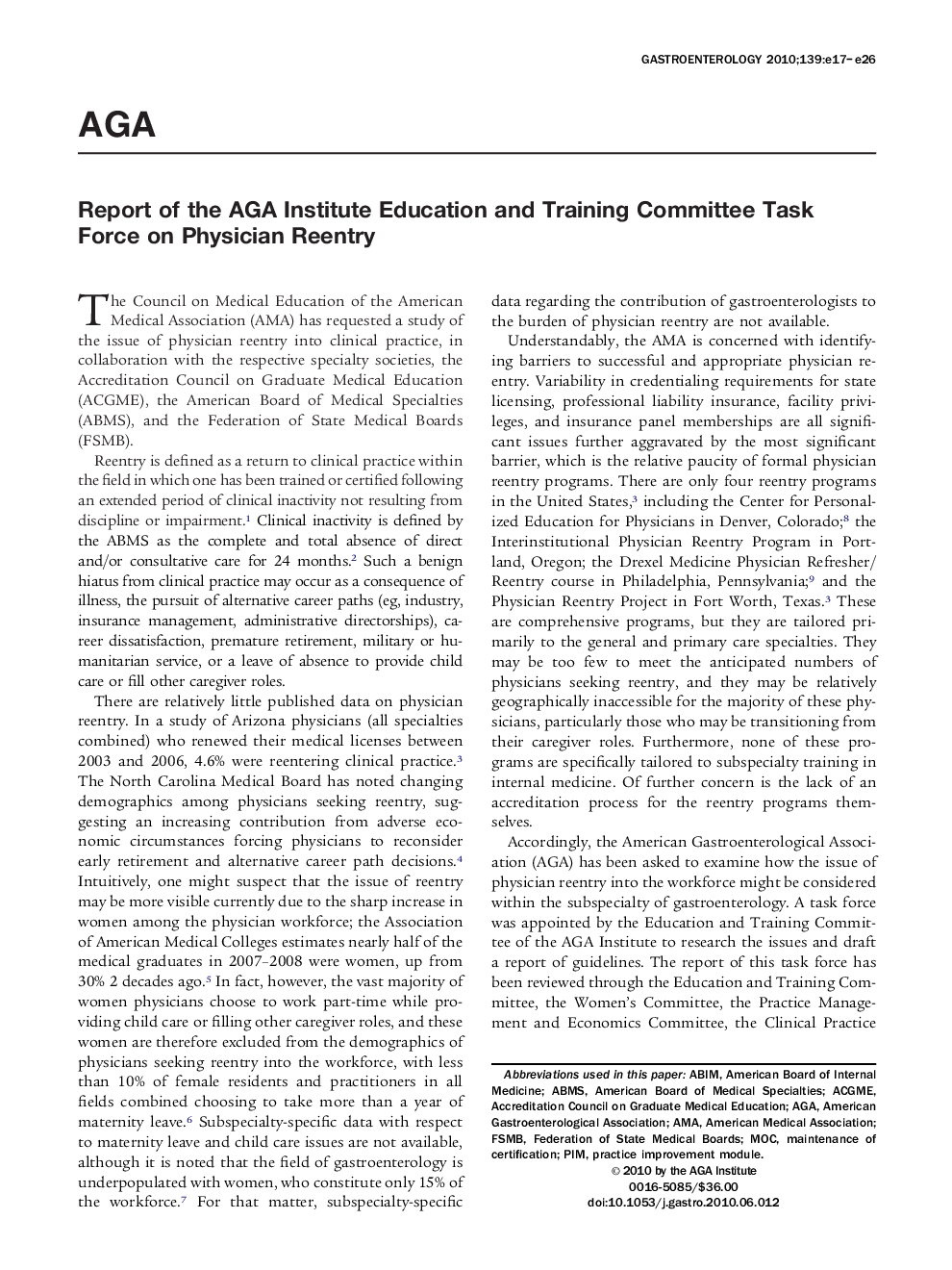 Report of the AGA Institute Education and Training Committee Task Force on Physician Reentry