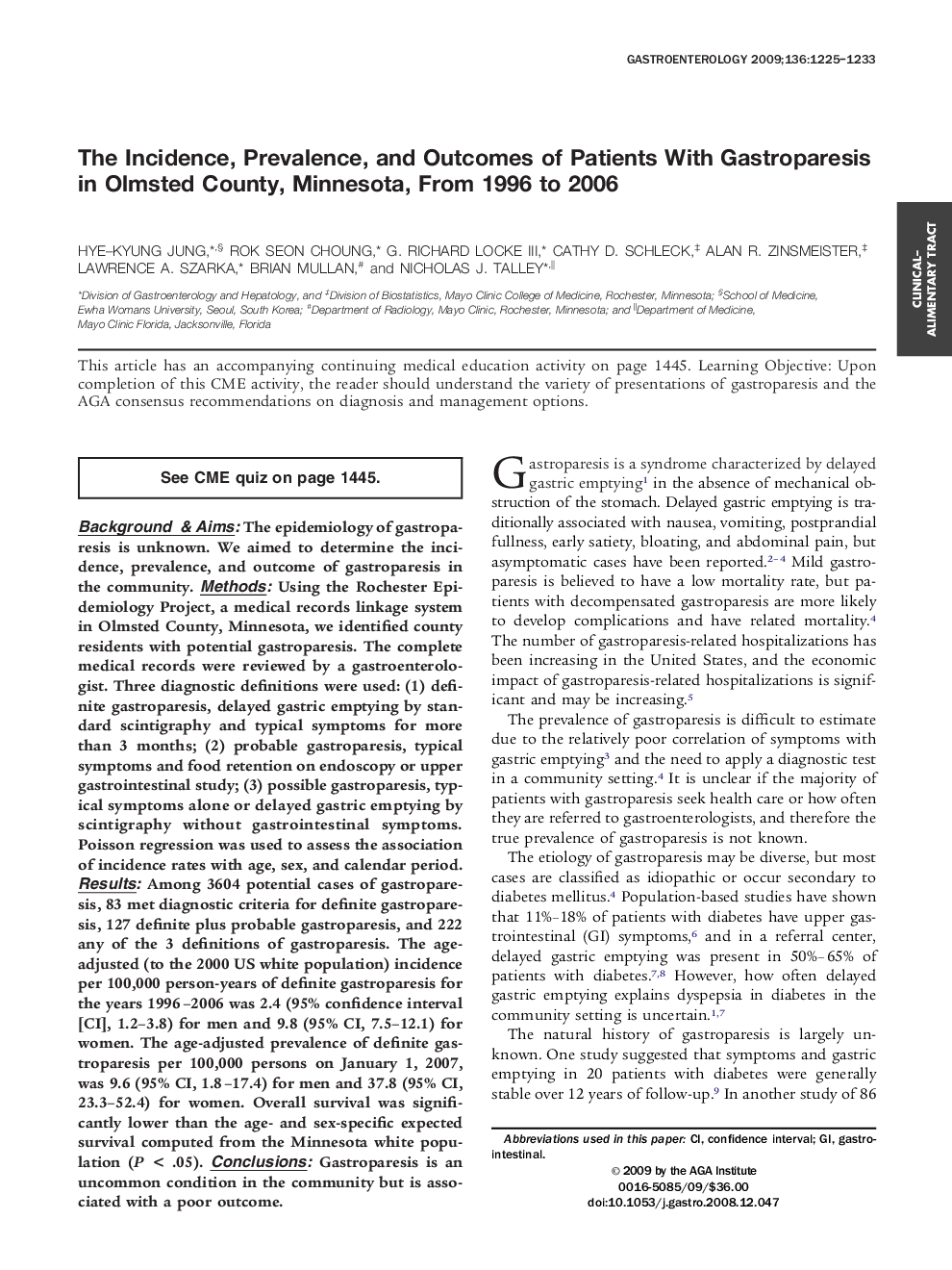 The Incidence, Prevalence, and Outcomes of Patients With Gastroparesis in Olmsted County, Minnesota, From 1996 to 2006 