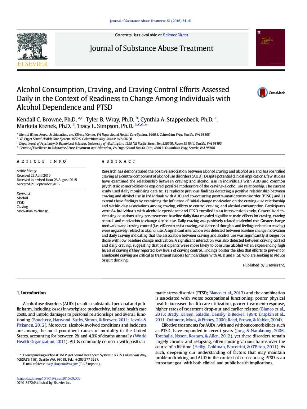 Alcohol Consumption, Craving, and Craving Control Efforts Assessed Daily in the Context of Readiness to Change Among Individuals with Alcohol Dependence and PTSD
