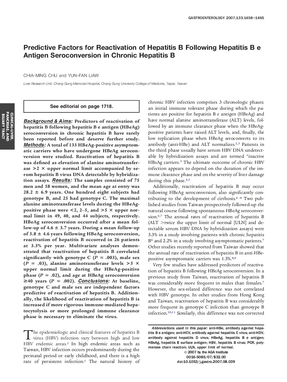 Predictive Factors for Reactivation of Hepatitis B Following Hepatitis B e Antigen Seroconversion in Chronic Hepatitis B 