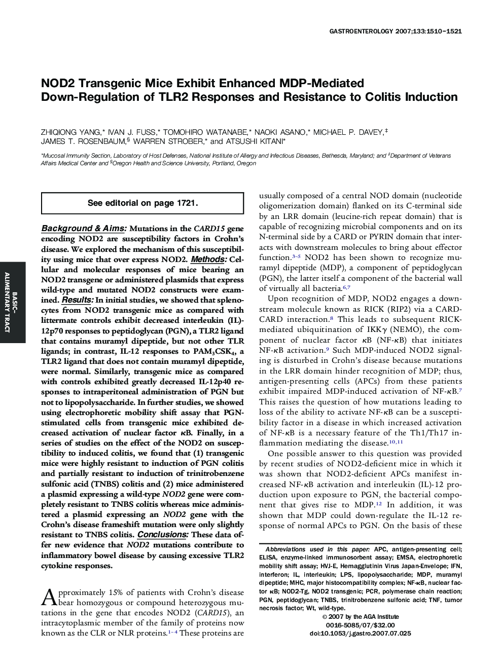 NOD2 Transgenic Mice Exhibit Enhanced MDP-Mediated Down-Regulation of TLR2 Responses and Resistance to Colitis Induction 