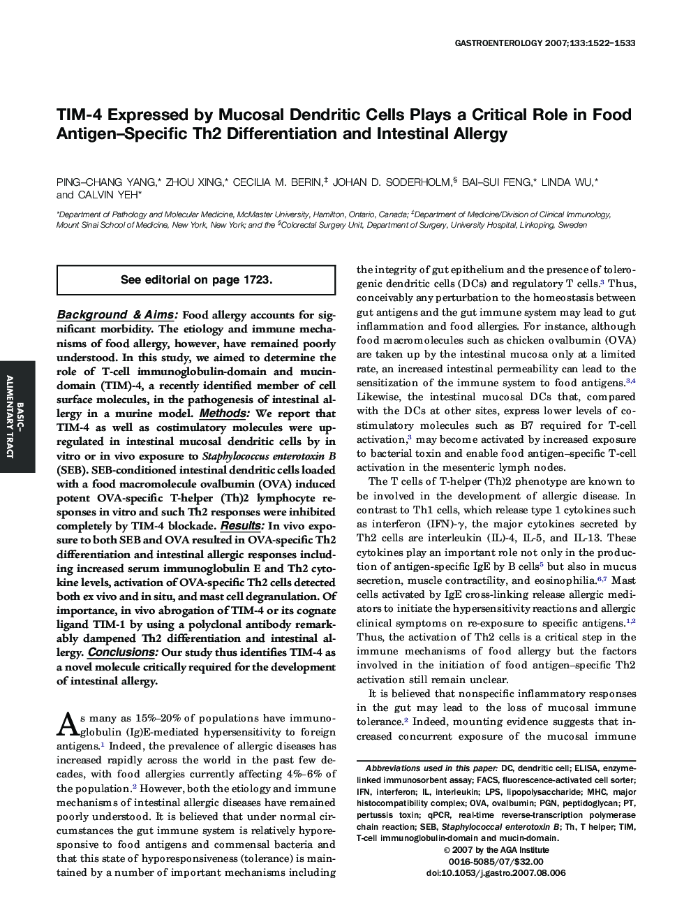 TIM-4 Expressed by Mucosal Dendritic Cells Plays a Critical Role in Food Antigen–Specific Th2 Differentiation and Intestinal Allergy 