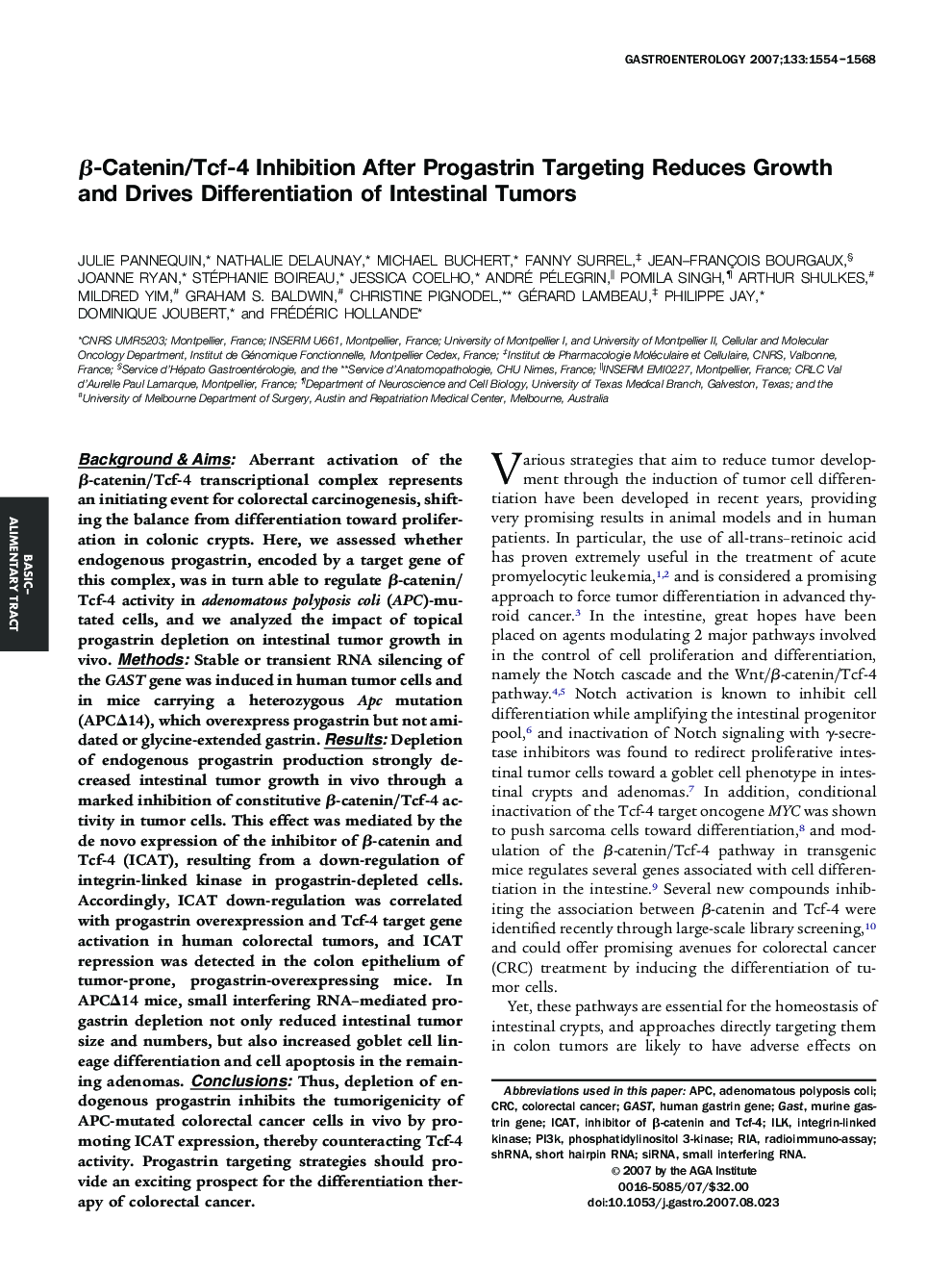 β-Catenin/Tcf-4 Inhibition After Progastrin Targeting Reduces Growth and Drives Differentiation of Intestinal Tumors 