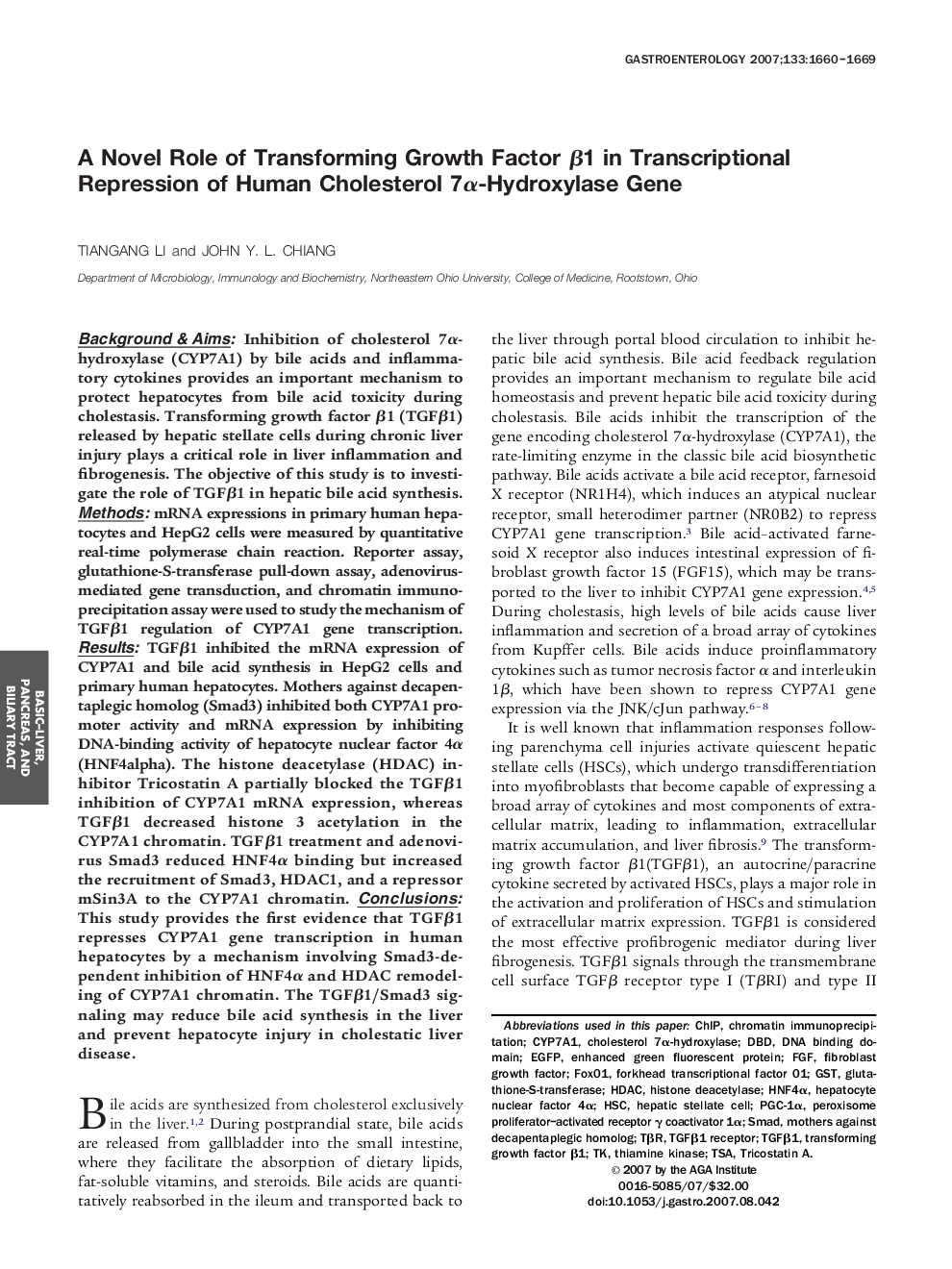 A Novel Role of Transforming Growth Factor β1 in Transcriptional Repression of Human Cholesterol 7α-Hydroxylase Gene 