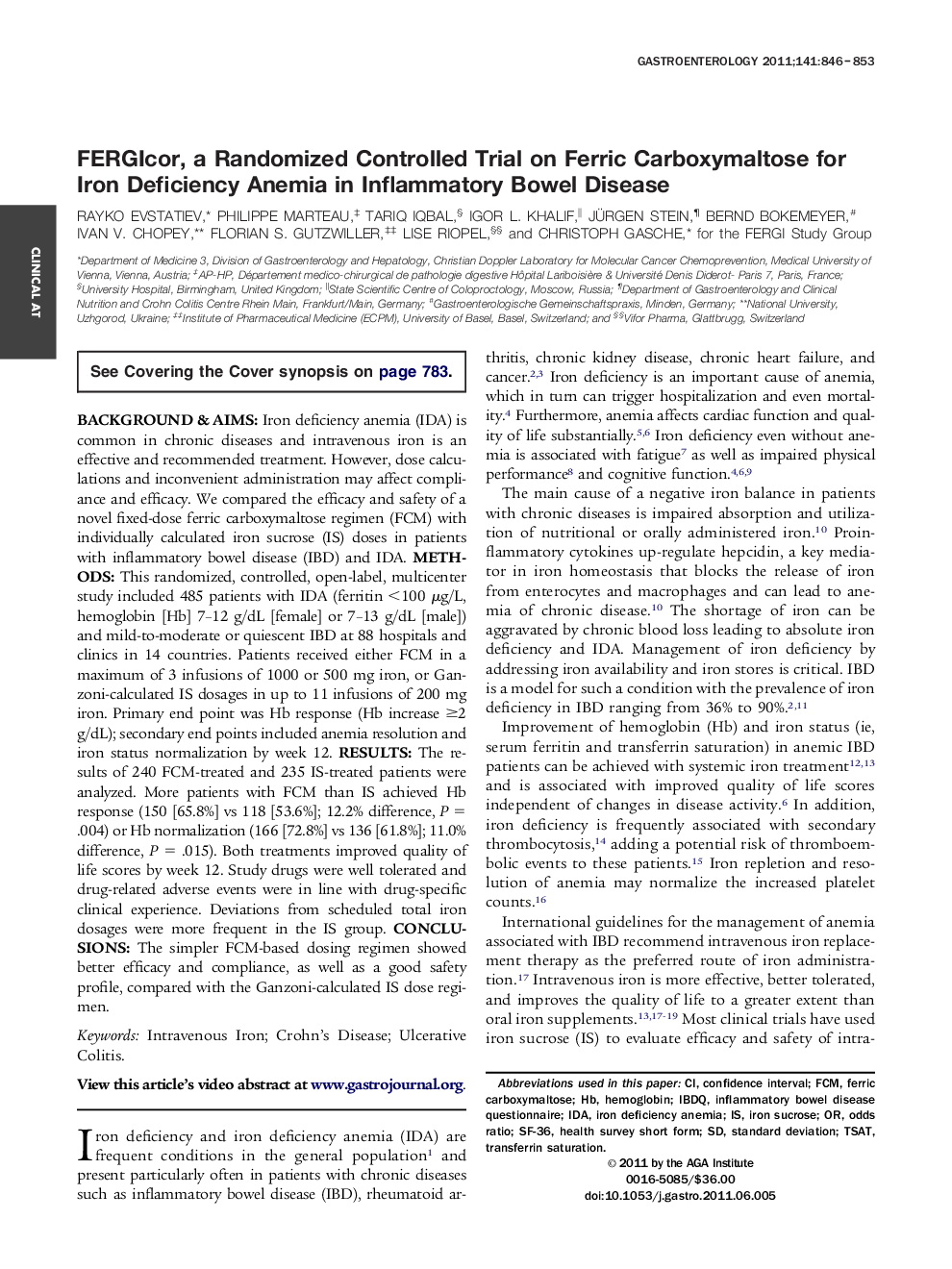 FERGIcor, a Randomized Controlled Trial on Ferric Carboxymaltose for Iron Deficiency Anemia in Inflammatory Bowel Disease