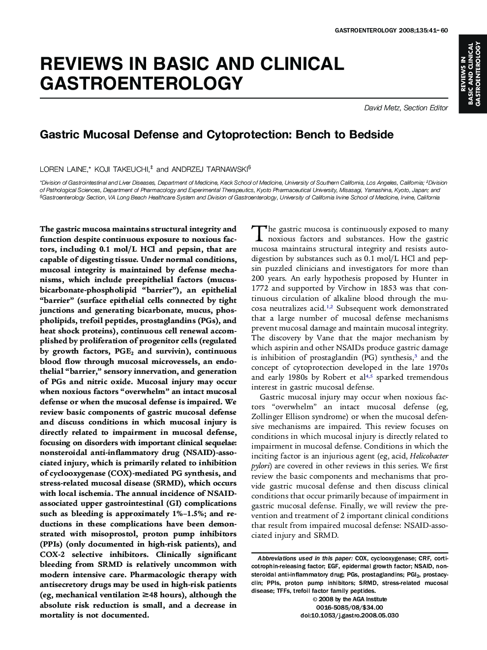 Gastric Mucosal Defense and Cytoprotection: Bench to Bedside 