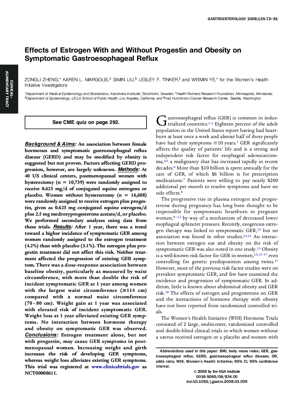 Effects of Estrogen With and Without Progestin and Obesity on Symptomatic Gastroesophageal Reflux 