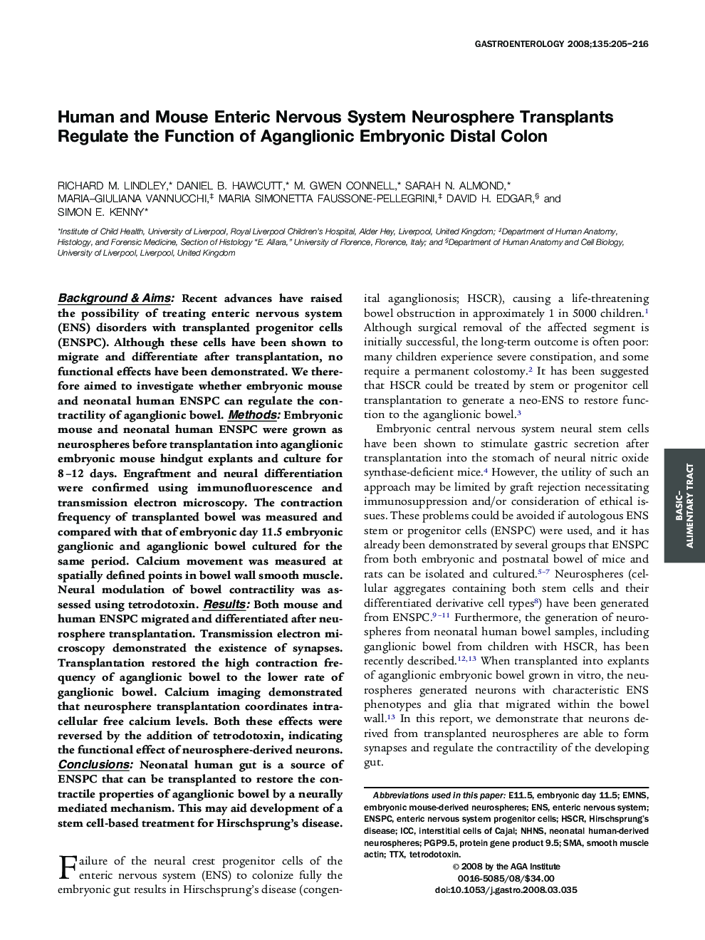 Human and Mouse Enteric Nervous System Neurosphere Transplants Regulate the Function of Aganglionic Embryonic Distal Colon