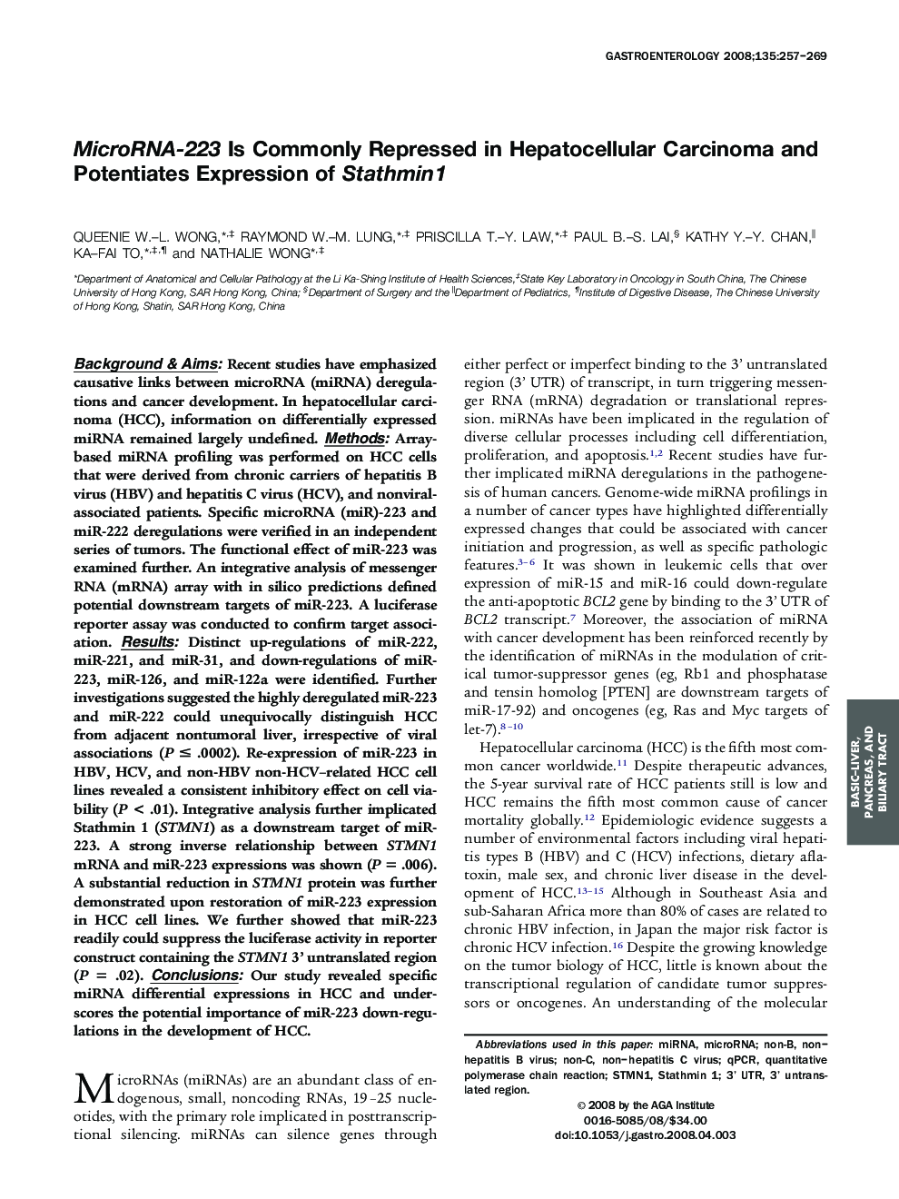 MicroRNA-223 Is Commonly Repressed in Hepatocellular Carcinoma and Potentiates Expression of Stathmin1 