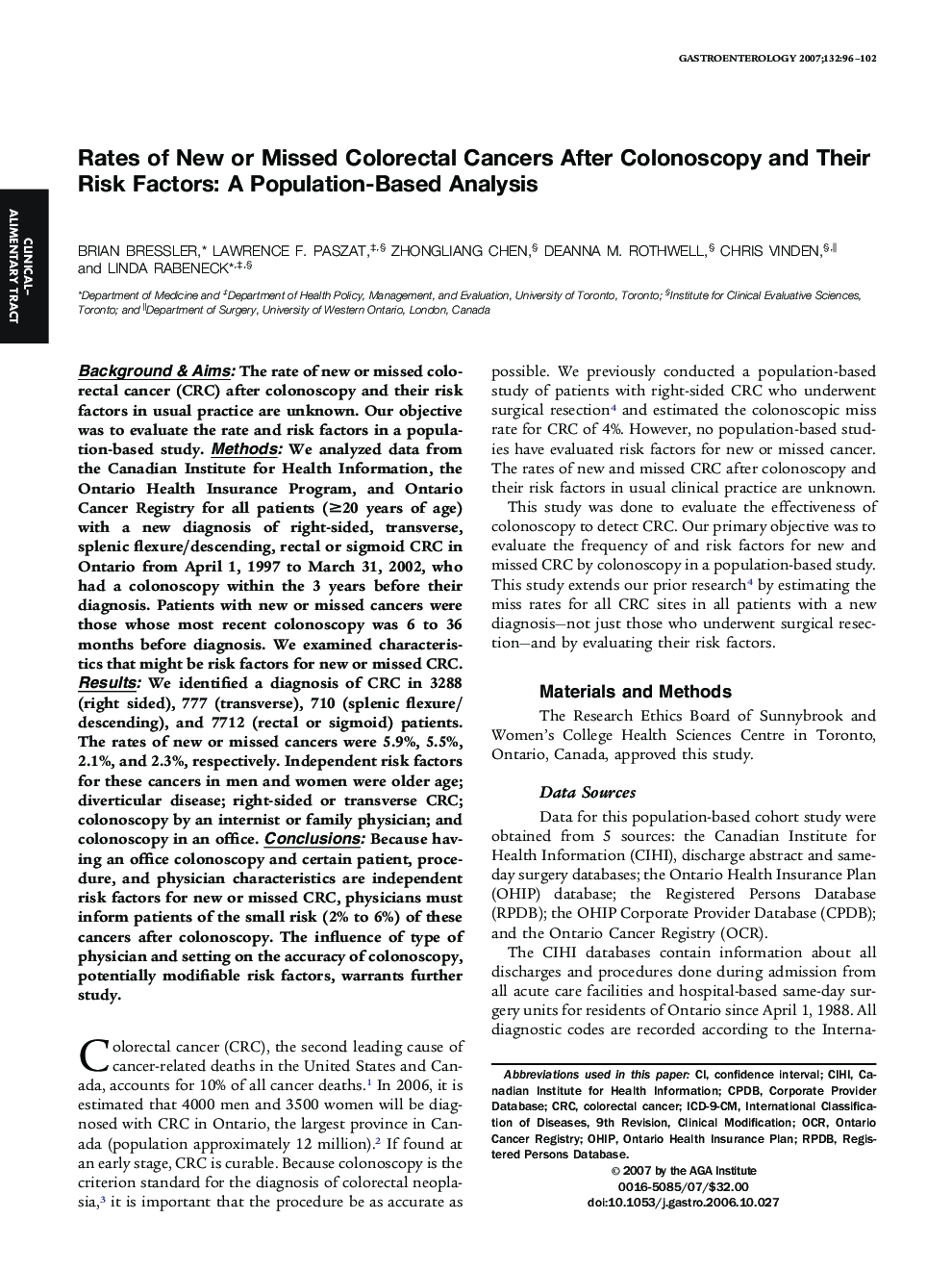 Rates of New or Missed Colorectal Cancers After Colonoscopy and Their Risk Factors: A Population-Based Analysis