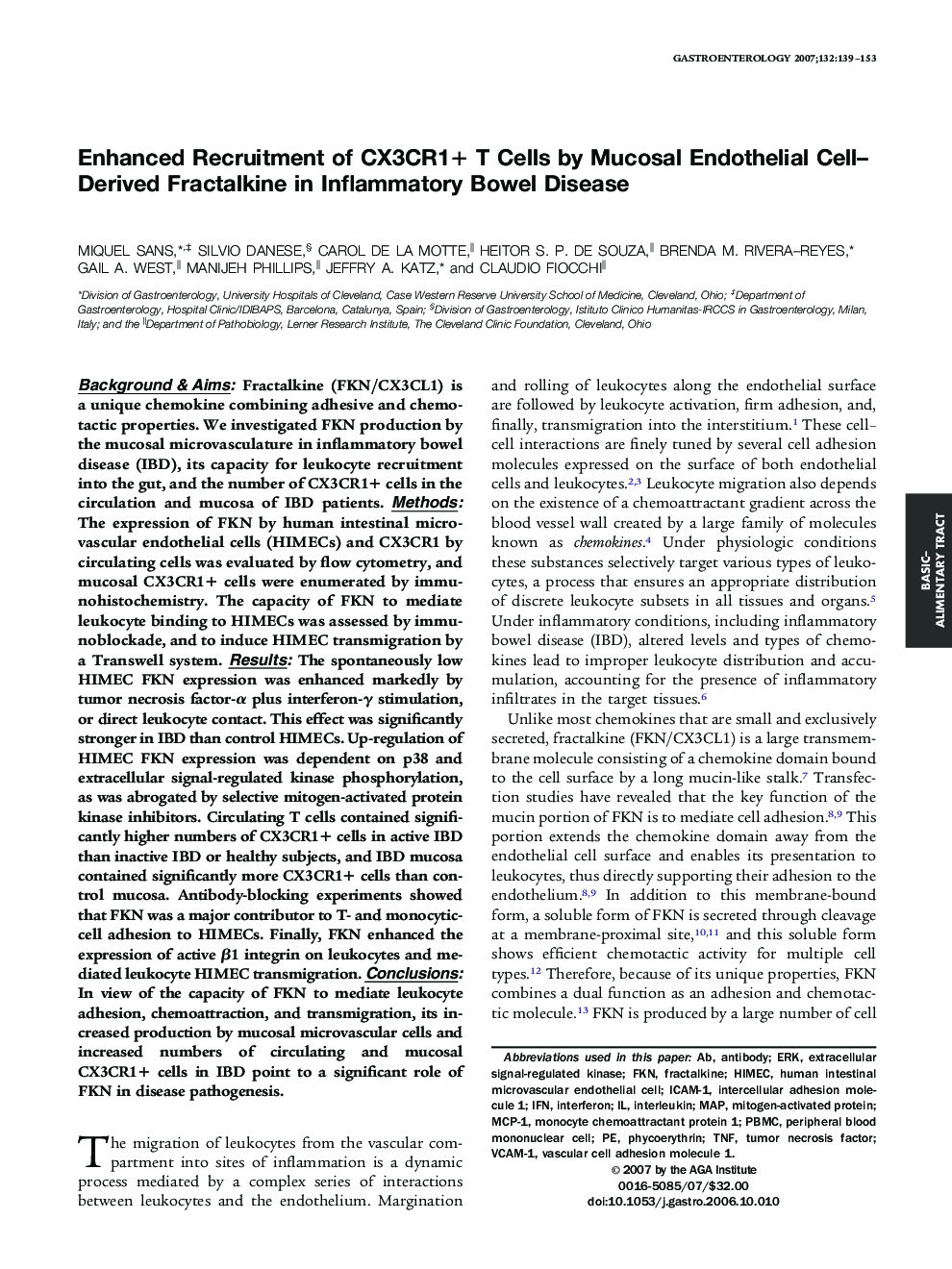 Enhanced Recruitment of CX3CR1+ T Cells by Mucosal Endothelial Cell-Derived Fractalkine in Inflammatory Bowel Disease