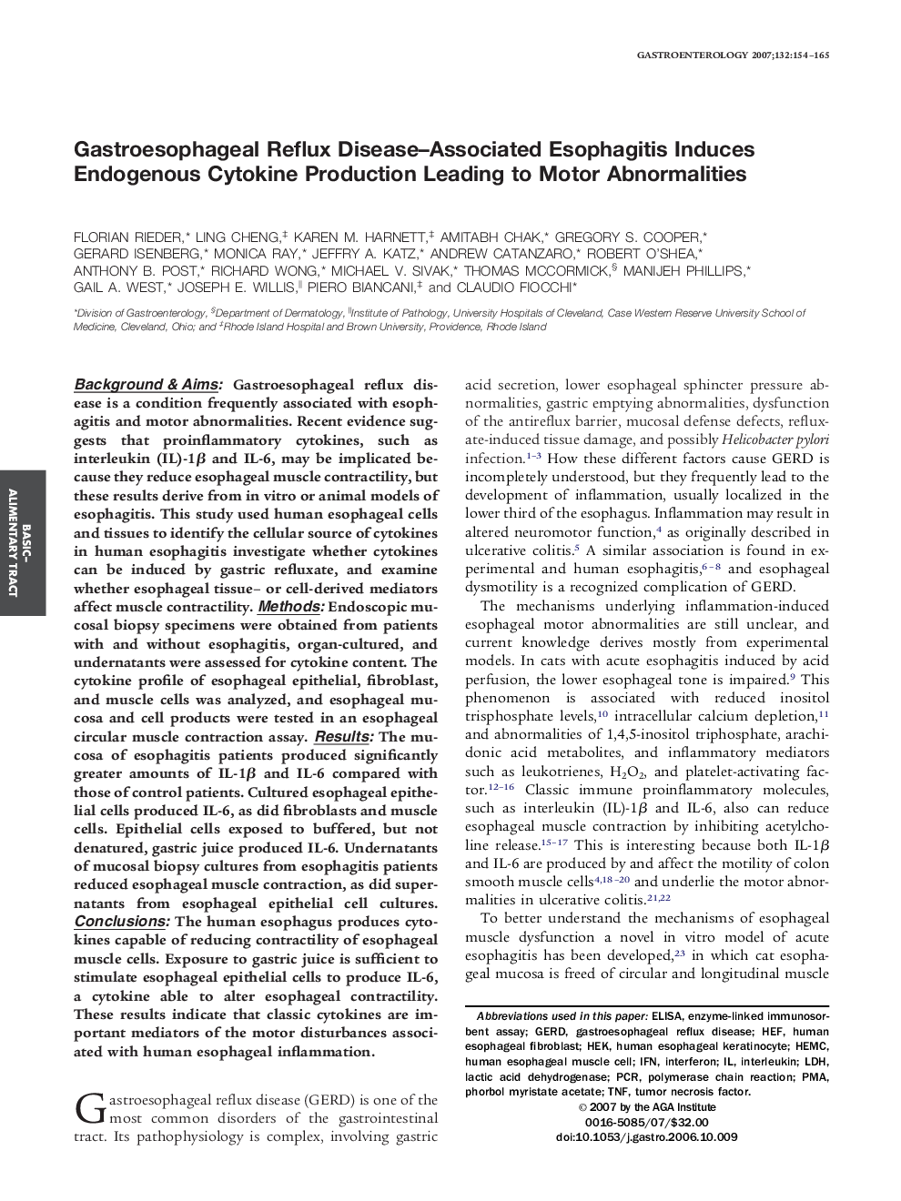 Gastroesophageal Reflux Disease-Associated Esophagitis Induces Endogenous Cytokine Production Leading to Motor Abnormalities