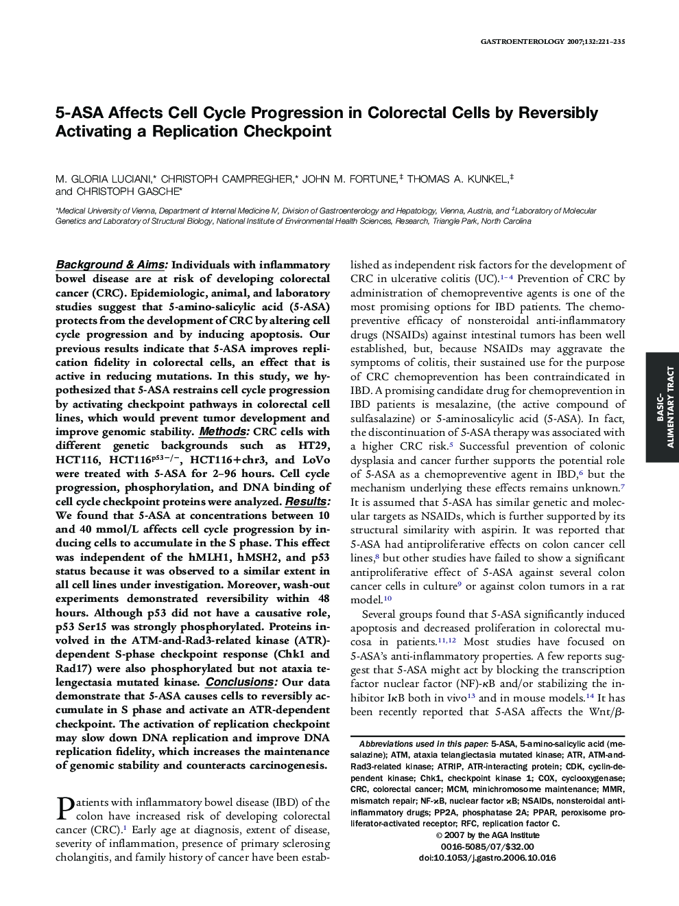 5-ASA Affects Cell Cycle Progression in Colorectal Cells by Reversibly Activating a Replication Checkpoint 