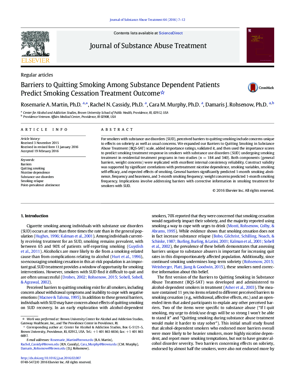 Barriers to Quitting Smoking Among Substance Dependent Patients Predict Smoking Cessation Treatment Outcome 