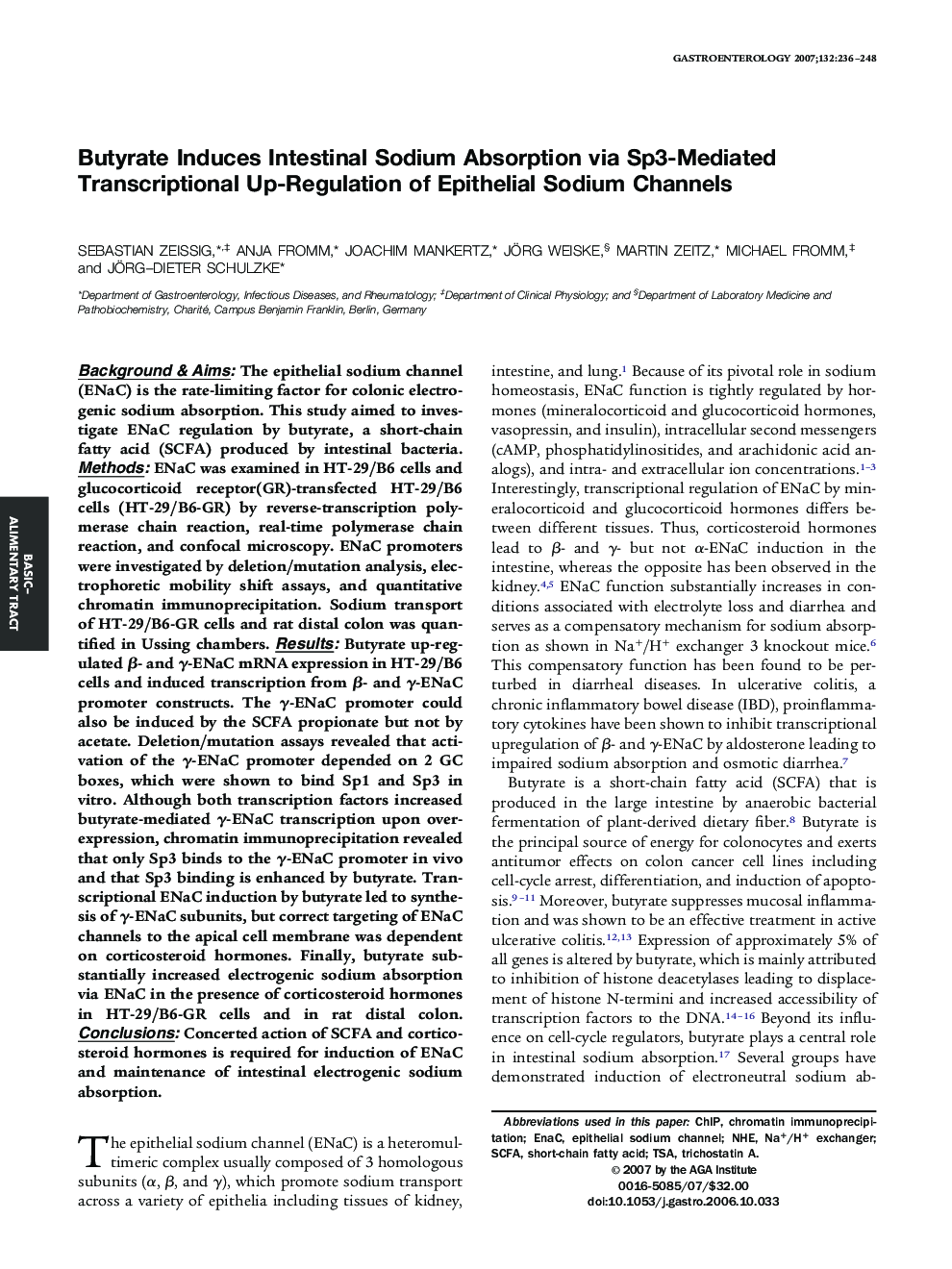 Butyrate Induces Intestinal Sodium Absorption via Sp3-Mediated Transcriptional Up-Regulation of Epithelial Sodium Channels 